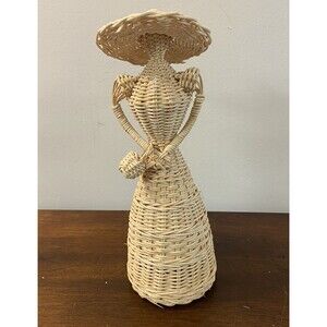 Vintage Wicker Doll Lady with Hat Flower Basket Dress Romantic Cottage Whimsical